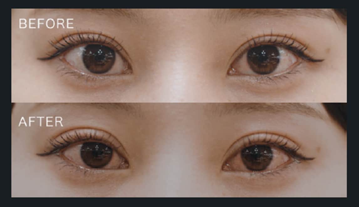 上はナミダノタテマスカラ塗布後。下はナミダノタテマスカラを塗布し、大勢が号泣してしまう映像を見た直後。パンダ目になっていないのはもちろん、カールが下がっていない点も優秀。