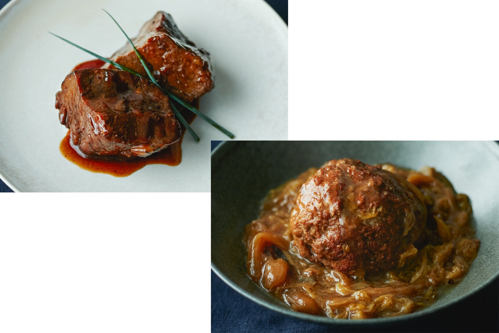 左：牛ほほ肉の豆鼓煮込み、右：獅子頭(肉団子)