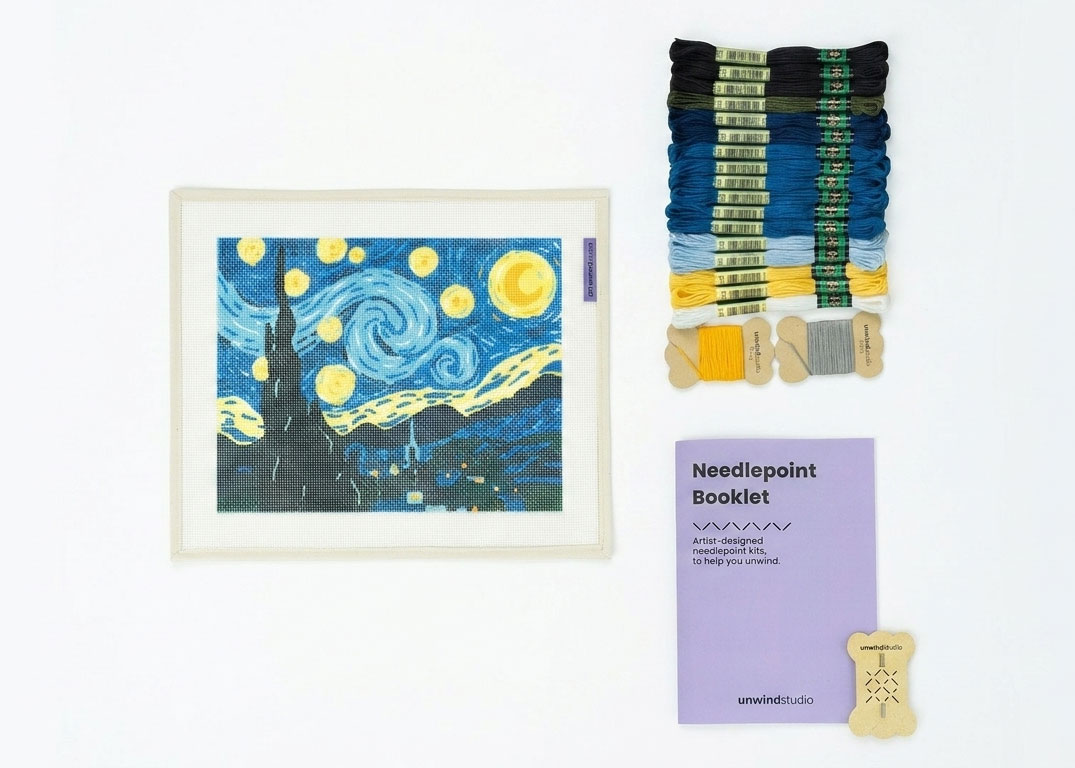 Unwind Studio『DIY Starry Night ニードルポイント キット』（刺繍布33x28cm、刺繍糸、針2本、図案）26,400円／DIY Starry Night　※5月初旬発売予定