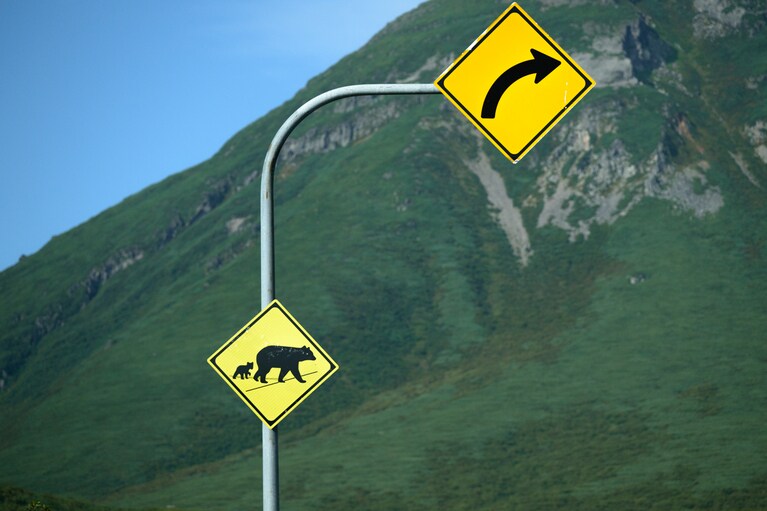 知床峠展望台付近で見かけたヒグマの警戒標識。写真撮影などで多くの観光客が集まる場所にもヒグマの目撃情報が。後ろにそびえるのはヒグマの主要生息地、羅臼岳。