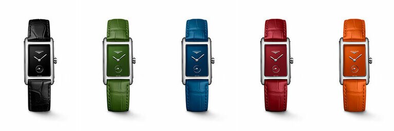 左から、クラシックブラック、スプリンググリーン、コバルトブルー、カーマインレッド、バーントオレンジ。クォーツムーブメントL176.2 (ETA 980.163)、時/分機能、6時位置にスモールセコンド、レクタンギュラー型、23.30 x 37.00 mm、ステンレススティールケース、ブラックまたはグリーンまたはブルーまたはレッドまたはオレンジカラーラッカーポリッシュドダイアル、ポリッシュドシルバー針、3気圧 防水(30メートル)、サファイアクリスタル、ブラックまたはグリーンまたはブルーまたはレッドまたはオレンジカラー尾錠付きアリゲーターストラップ、インターチェンジャブル。予価176,000円。