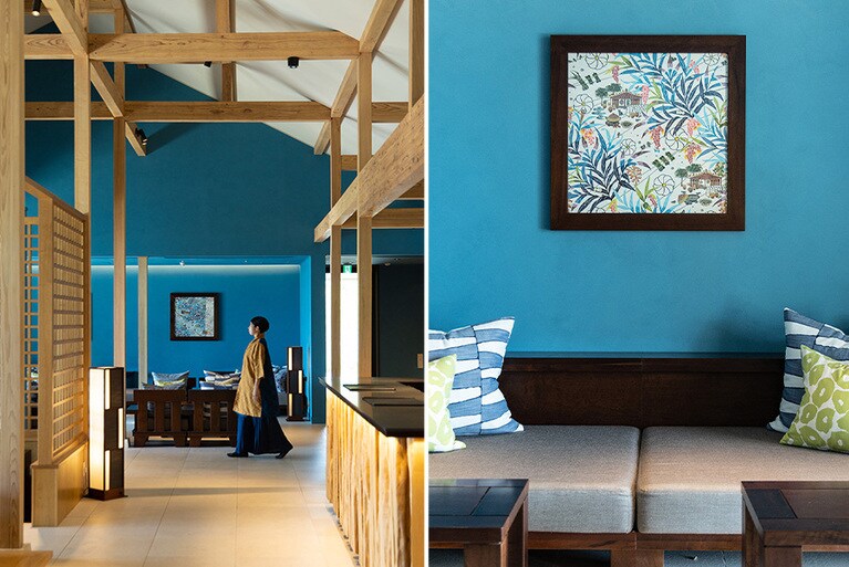 ゆったりくつろげるラウンジ「集いの館」には、月桃を描いた宮城守男さんの原画を展示。