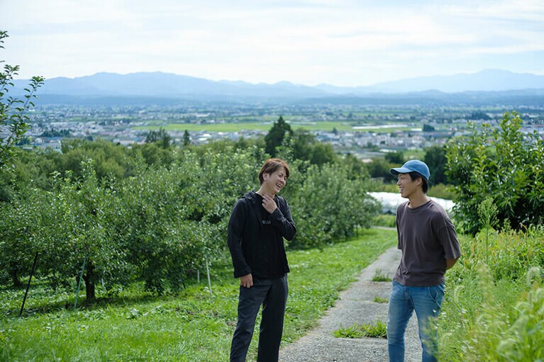 風通しのいい丘の斜面に広がる、のどかなりんご畑(平農園)。