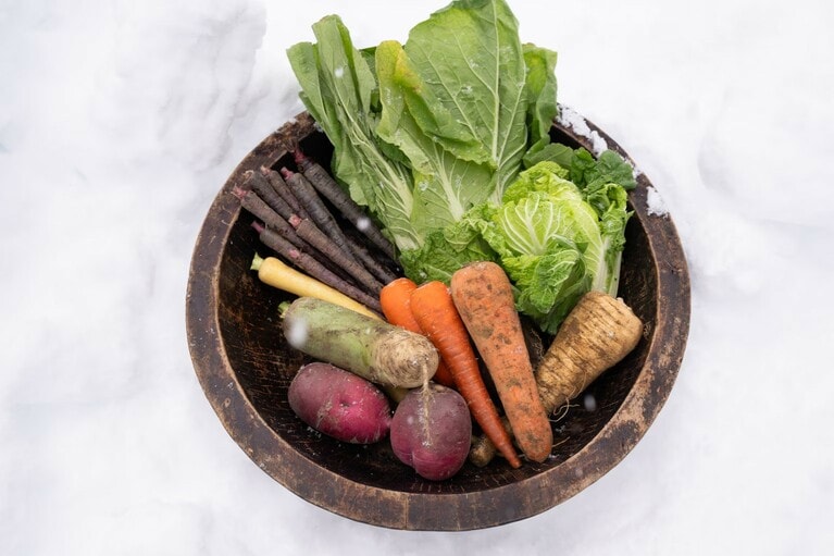 雪室から取り出した食材は、カラフルなにんじんや大根、パースニップといった地元の根野菜や白菜など。