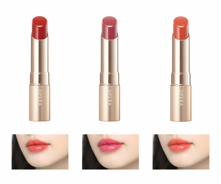 唇の水分に反応し、血色感を引き出すティント処方。オペラリップティント N 絶妙にコーラルが入っているので浮かずになじむ01レッド、青みが効いて、透明感を上げる02ピンク、ピュアな印象を作れる03アプリコット 各1,500円／イミュ