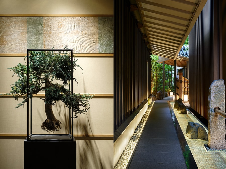 写真左：館内には、和の美意識を感じさせるアートを厳選して配置。各階のエレベーターホールには、藤田茂男さんによる “枯盆栽” の作品などが。 
写真右：日本料理「縁 (ゆくり) 」へと続く、風情あるアプローチ。