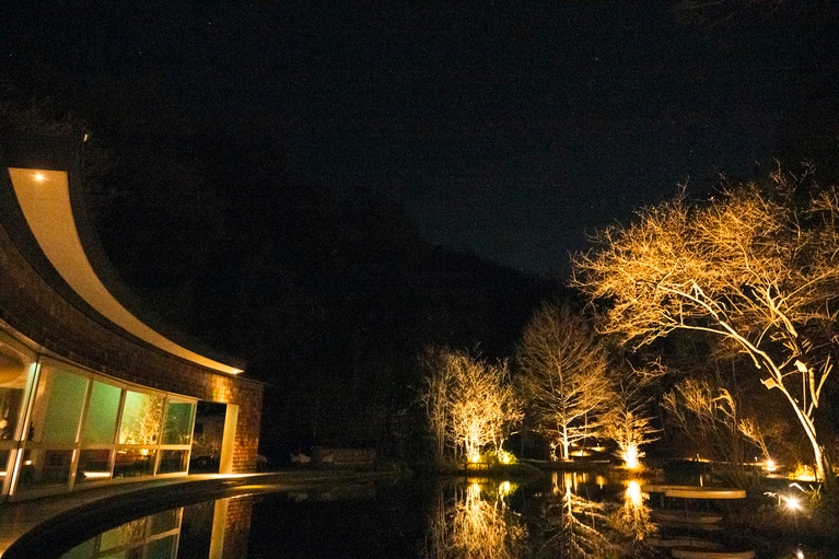 昼間訪れたピッキオ野鳥の森ビジターセンターはライトアップされ、夜には幻想的な風景に。