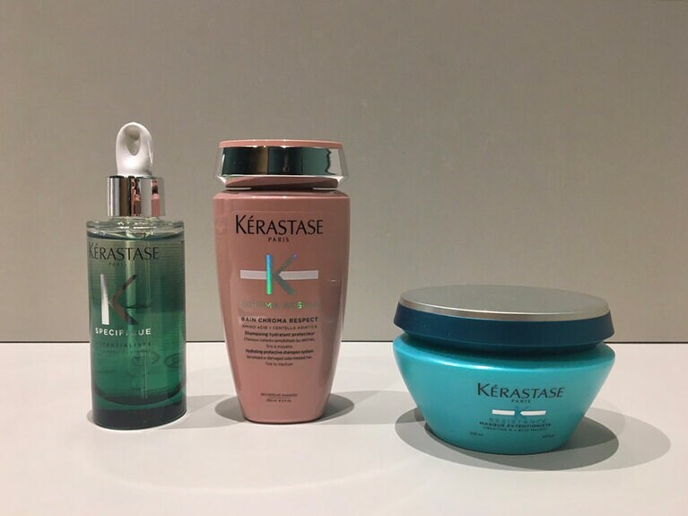 今の私に勧めてもらった3つ。左から、セラム ポテンシャリスト 90mL 6,600円、30mｌ2,970円。バン クロマプロテクト 250mL 3,740円。マスク エクステンショニスト 200mL 6,600円。