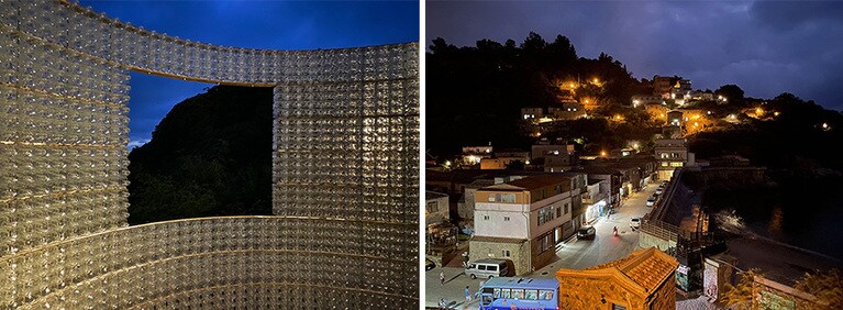 左：海に面した丘の上に立つ作品「開く」。昼間と夜間で雰囲気が異なります。禾磊建築作。 
右：津沙集落には民宿やレストランもあります。街灯が灯るとまた違った風情が感じられます。