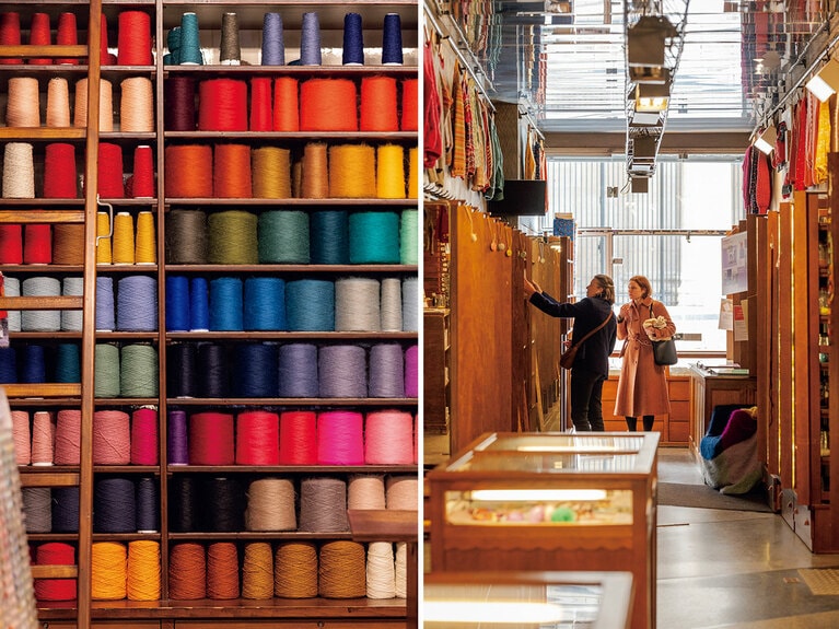 左：様々な毛糸は、ナントの南東ショレ地方にある、19世紀の建物を用いた自社工場で製造されている。 右：フランス国内の主要都市に10店舗を展開。子供からシニアまで幅広い世代の手芸ファンが集まる。