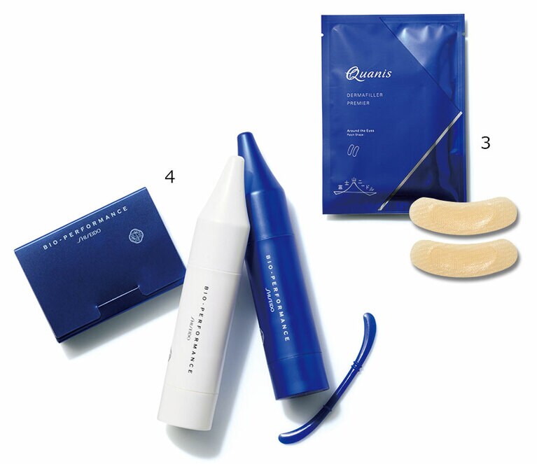 3：持続型ヒアルロン酸などの美容成分でできたマイクロニードルのパッチで目元の年齢サインに直接アプローチ。クオニス ダーマフィラープレミア 4回分 8,250円／コスメディ
4：3ステップで目の下のふくらみにスキンフィルムを形成。いわば「第二の皮膚」が目袋を瞬時にカバーし、たるんだ目元が目立たなくなる。ビオパフォーマンス セカンドスキン 35,200円／SHISEIDO