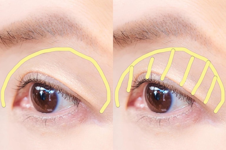 アイシャドウベースも8255も、塗る範囲は眉の下のくぼみまで。