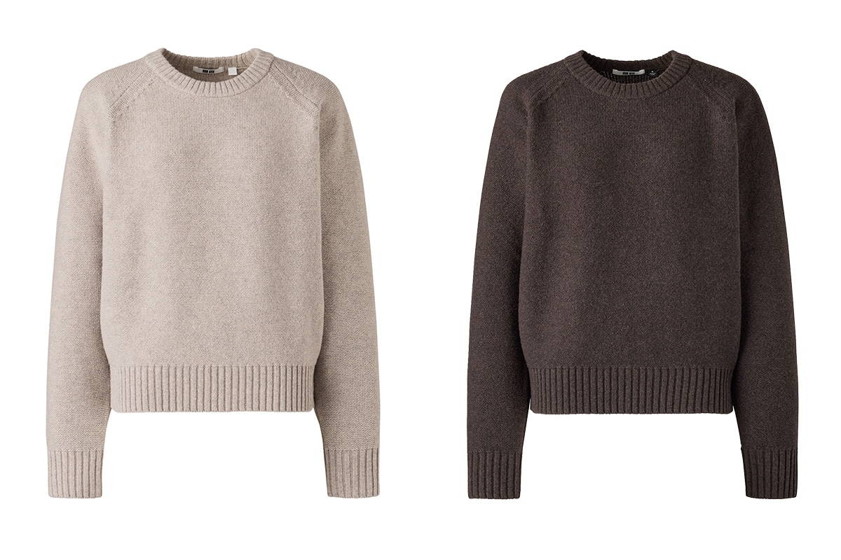 ラムクルーネックセーター 3,990円。左から、31 BEIGE、39 DARK BROWN。