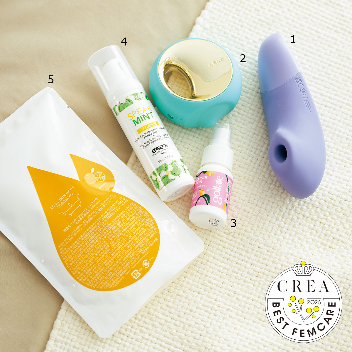 1：エンハンス ライラック 23,850円／ウーマナイザー 
2：ORA™ 3 アクア 29,700円／LELO 
3：goliate プレジャージェル 30mL 4,950円／ラブピースクラブ
4：exsens オーガニックグルメ マッサージオイル スペアミント 50mL4,290円／ラブピースクラブ
5：LCローションバス トロケアウ 250mL 1,600円／ラブコスメ