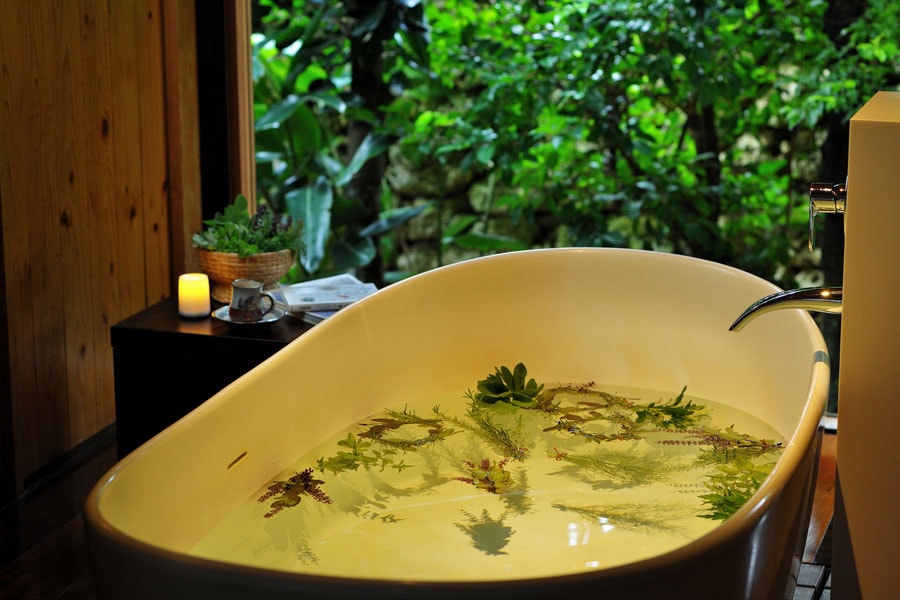 竹富島の命草は、冬こそ最も強く香り立つという。風呂とサウナは、華やぐ香りに包まれる。