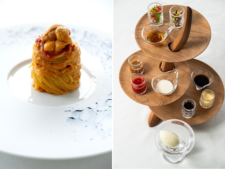 写真左：濃厚なトマトソースと雲丹をからめた手打ちパスタ「雲丹とトマトのタヤリン」。写真右：デザートには、トマム牛乳のジェラートを。カッサータ風、パンナコッタ風、ティラミス風の3種のトッピングで楽しめます。