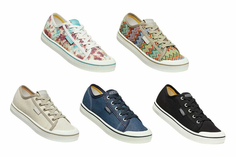 ELSA SNEAKER V(エルサ スニーカー ファイヴ) 11,000円。 
左上から：ANDORRA/THE DYE、CHEVRON/PLAZA TAUPE。 
左下から：NATURAL/PLAZA TAUPE、NAVY/PLAZA TAUPE、BLACK/STAR WHITE。