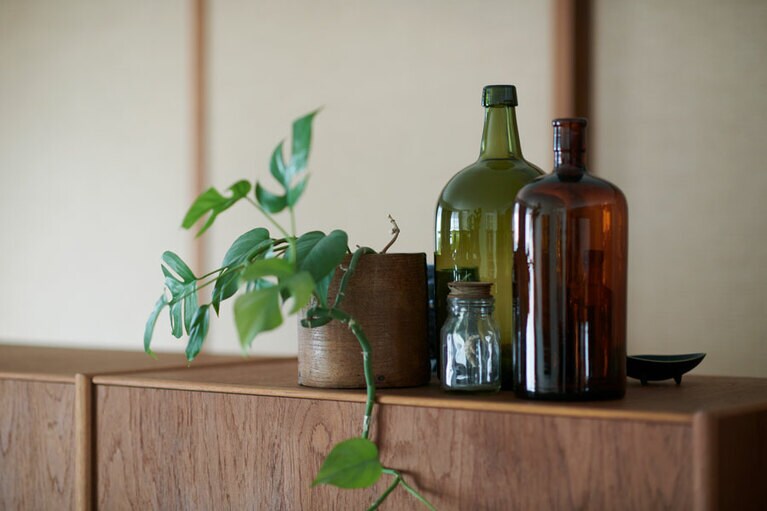 すっきり整った部屋にグリーンや小物のディスプレイが映える。