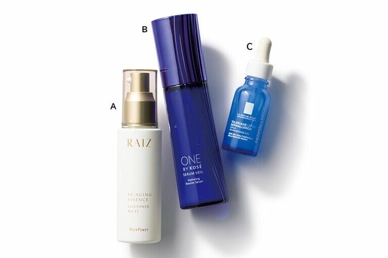 A：角層の代謝を整え、バリア機能を強化する。ライースアクティブ リエイジングエッセンス［医薬部外品］50mL 5,000円／勇心酒造  B：細胞間脂質のひとつであるセラミドを増やす美容液。ワンバイコーセー セラム ヴェール［医薬部外品］60mL 5,000円(編集部調べ)／コーセー  C：角層を潤いで埋め尽くし、敏感肌の炎症も緩和。トレリアン ウルトラ セラム 20mL 3,600円／ラ ロッシュ ポゼ