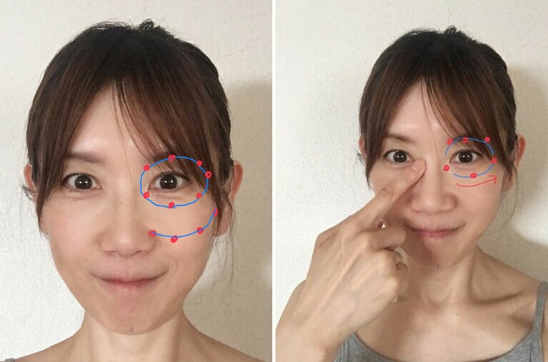 目の周りの骨に沿って押していき、最後にこめかみを押す。