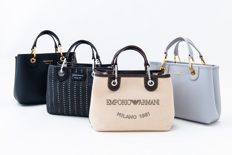 左から、イミテーションレザー 26,000円、イミテーションレザー編み込み 50,000円、キャンバス 41,000円、イミテーションレザー 26,000円 (全てH20×W26×D10cm)。