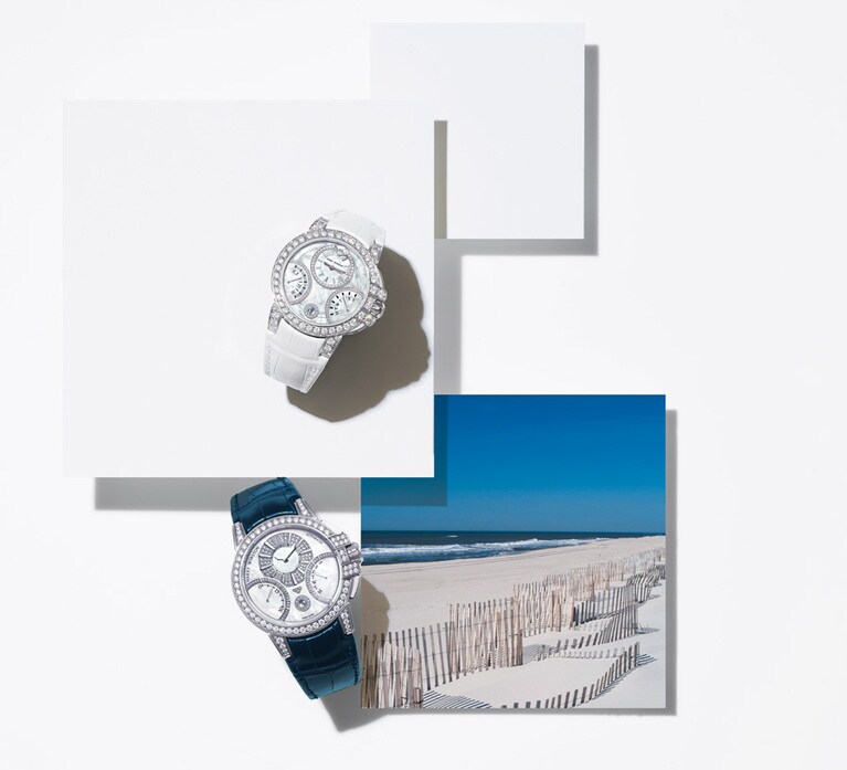 時計〈上〉「HW オーシャン・バイレトログラード オートマティック 36mm」（WG×DIA、アリゲーターストラップ、自動巻、ケース径36mm）8,723,000円　〈下〉「HW オーシャン・バイレトログラード オートマティック 42mm」（WG×DIA、アリゲーターストラップ、自動巻、ケース径42.2mm）11,957,000円／ともにハリー・ウィンストン（ハリー・ウィンストン クライアントインフォメーション）