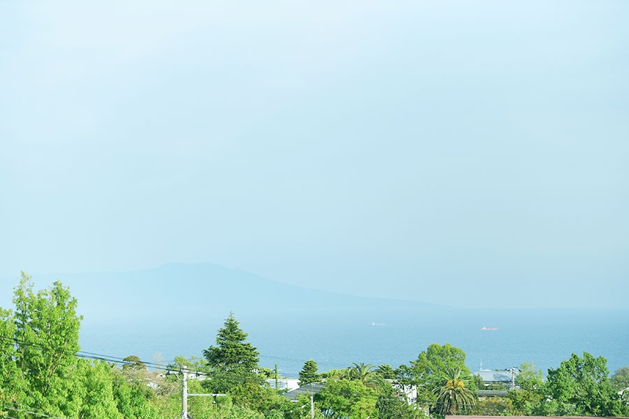 薄曇りの今日は伊豆大島がうっすらと。日によって見え方が変わり、テラスで定点観測するのが習慣に。