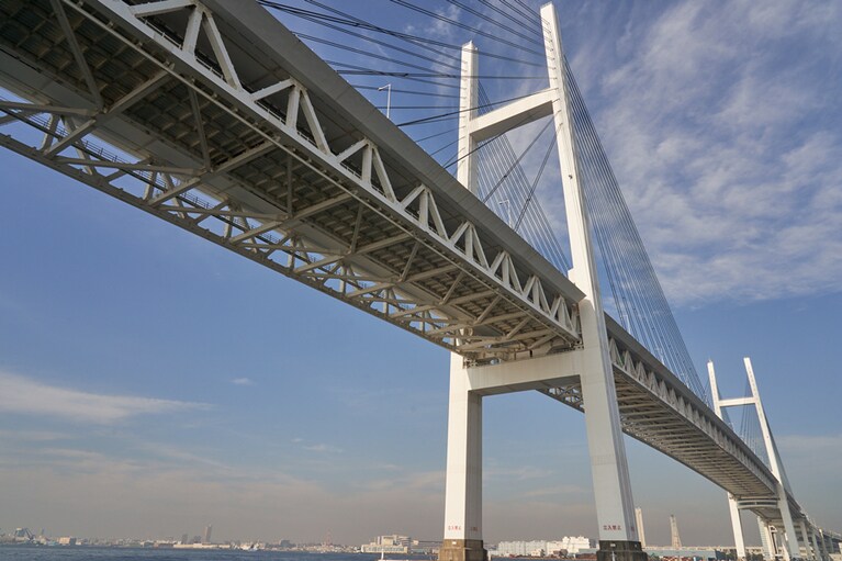 開通当時に一番背の高かった豪華客船「クイーンエリザベスⅡ」が通過できるようにと、55ｍの高さで作られています。