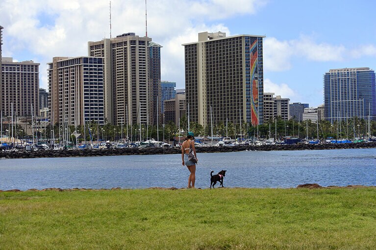 マリーナの向こうにはヒルトンのレインボータワー。