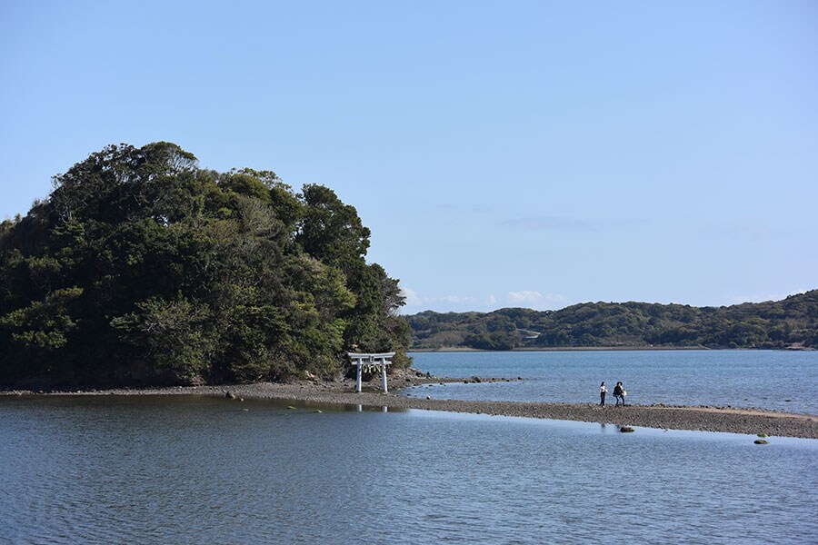 干潮時のみ参道が海から現れ、歩いて参拝ができる小島神社。