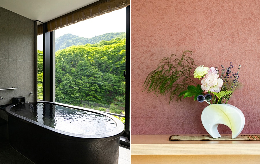 〈左〉温泉風呂も全客室に用意。四季の絶景を満喫しながら優雅な癒やしの時間を過ごせます。〈右〉美しい季節のしつらい。