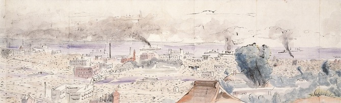 中島清之《関東大震災画巻》(部分)1923年 紙本淡彩、巻子 27.8 × 770.5cm 横浜美術館蔵(中島清之氏寄贈)