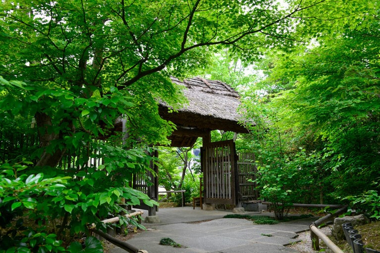 湯宿 草菴［島根／出雲 湯の川温泉］玄関の茅葺門。