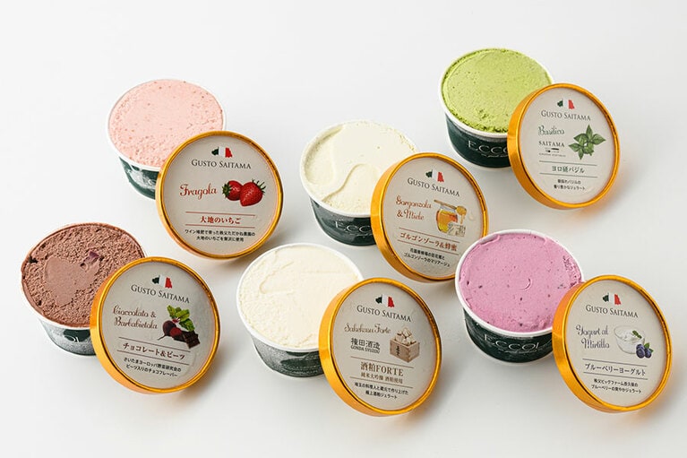 SAITAMA GELATO 各500円（110ml）。左から時計回りに：チョコ＆ビーツ、大地のいちご、ゴルゴンゾーラ＆蜂蜜、ヨロ研バジル、ブルーベリーヨーグルト、酒粕FORTE／ノースコーポレーション