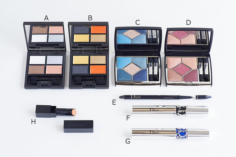 A ヴォランタリーベイシス アイパレット 08、B 同 09 各6,200円／セルヴォーク、C サンク クルール クチュール 279 デニム、D 同 689 ミッツァ 各7,600円、E ディオールショウ 24H スティロ ウォータープルーフ 296 マットブルー 3,000円／パルファン・クリスチャン・ディオール、F マスカラ ディオールショウ アイコニック オーバーカール 090 ブラック、G 同264 ブルー 各4,200円／パルファン・クリスチャン・ディオール、H リベレイティッド マット リップス 01 エクルベージュ 3,500円／セルヴォーク