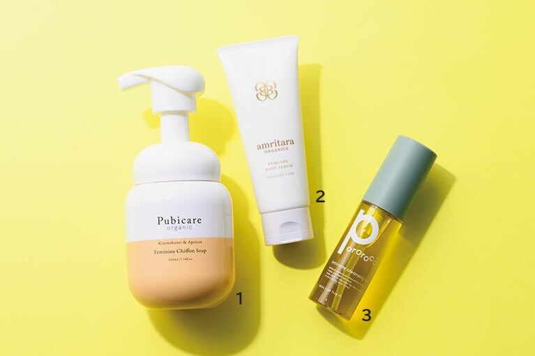 1：ピュビケア オーガニック フェミニン シフォンソープ キンモクセイ＆アプリコット 220mL 2,530円／たかくら新産業 
2：フェムケア ボディ セラム 70g 5,500円／アムリターラ 
3：ポロロッカ インティメイト クレンジング オイル 50mL 3,850円／ジュンカスタマーセンター