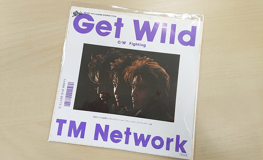「Get Wild」のレコードジャケット。左から、TM NETWORKにおける理性担当の木根尚登、野性担当の宇都宮隆、知性担当の小室哲哉。