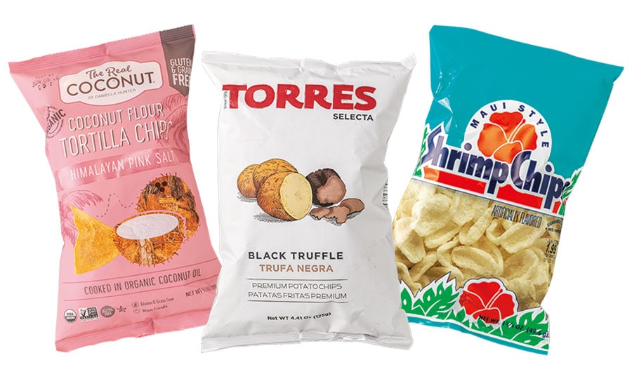 ［Chips］左：ココナッツ粉で作ったトルティーヤチップスはヒマラヤピンクソルト味。グルテン＆穀物フリー。4.89ドル／Down to Earth 中：香りも味わいも贅沢。黒トリュフ入りポテチ 6.99ドル／Foodland Farms 右：地元産シュリンプチップスはリピーター多数。1.78ドル／Walmart