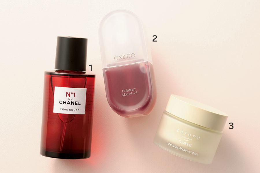 1：ロー ルージュ N°1 ドゥ シャネル 100mL 13,200円／シャネル 
2：ON&DO FERMENT SERUM +F 40mL 11,000円／MTG 
3：カメリアウォーター スリーピングマスク 50g 4,620円(限定発売中)／トーン