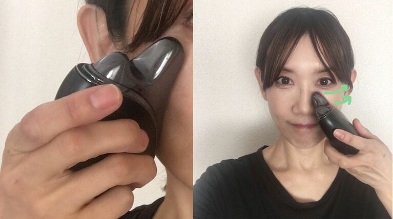 EMSの電極を当てて、上に引き上げるように流してゆく。かっさ状なのでフィットしやすい。