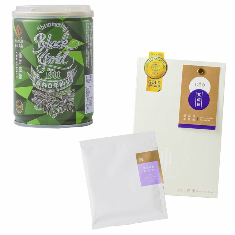 【來好 嶼聲】左：編集部おすすめ「ヘルシーデザートの仙草ゼリーが缶詰に。スプーン付きで手軽に食べられます」員林食品 仙草涼露 49元、右：編集部おすすめ「ドリップ式の台湾茶は配るおみやげに。茶葉は砕いてあり、抽出されやすいんです」オフィスへのおみやげに。龍團 掛耳手沖綜合茶荷包(6種類入り) 380元。