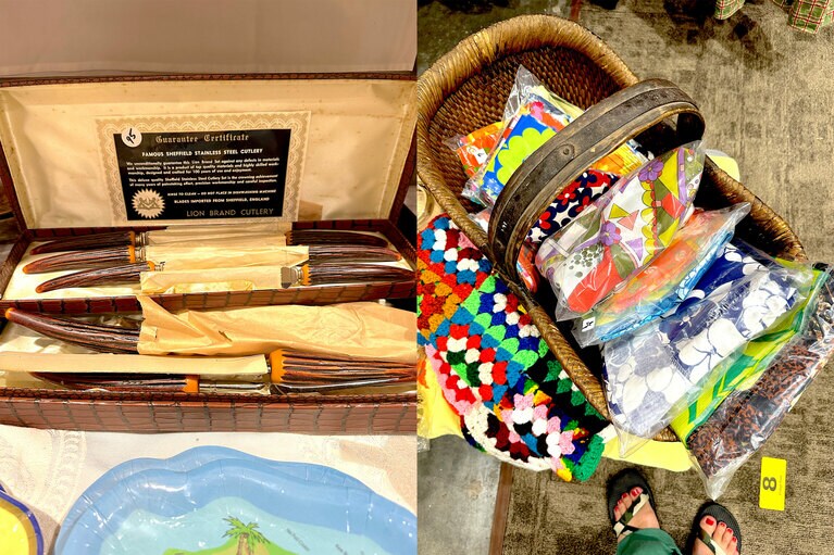 左：ハワイのものではないけれど、持ち手の部分がポリネシアな感じのカトラリーセット。
右：ヴィンテージの端切れがいろいろ詰まったお宝コーナー。