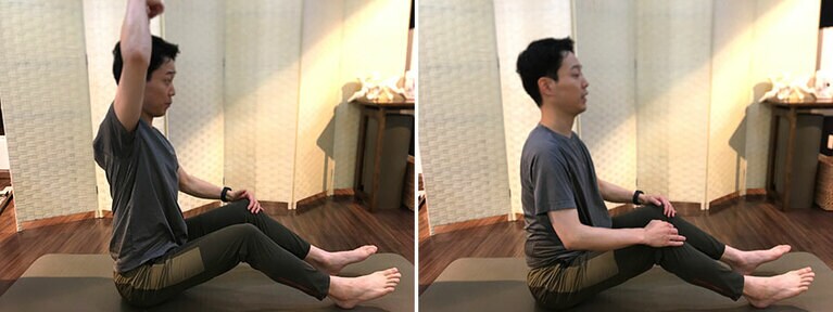 上から引っ張られているイメージで。脚を伸ばすことより「背骨まっすぐ」を優先する。